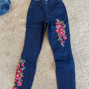 Martha Stewart Dark Blue Floral Embroidered Skinny Jeans